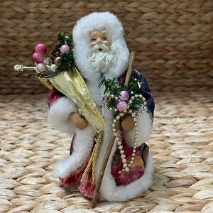 Vintage‎ Santa Clause Christmas Ornament / Tree Topper 6” Faux Fur Pink Blue